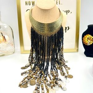 Jerollin Vintage Jewelry Statement Bib Necklace Seed Beads Tassels Long Fringes